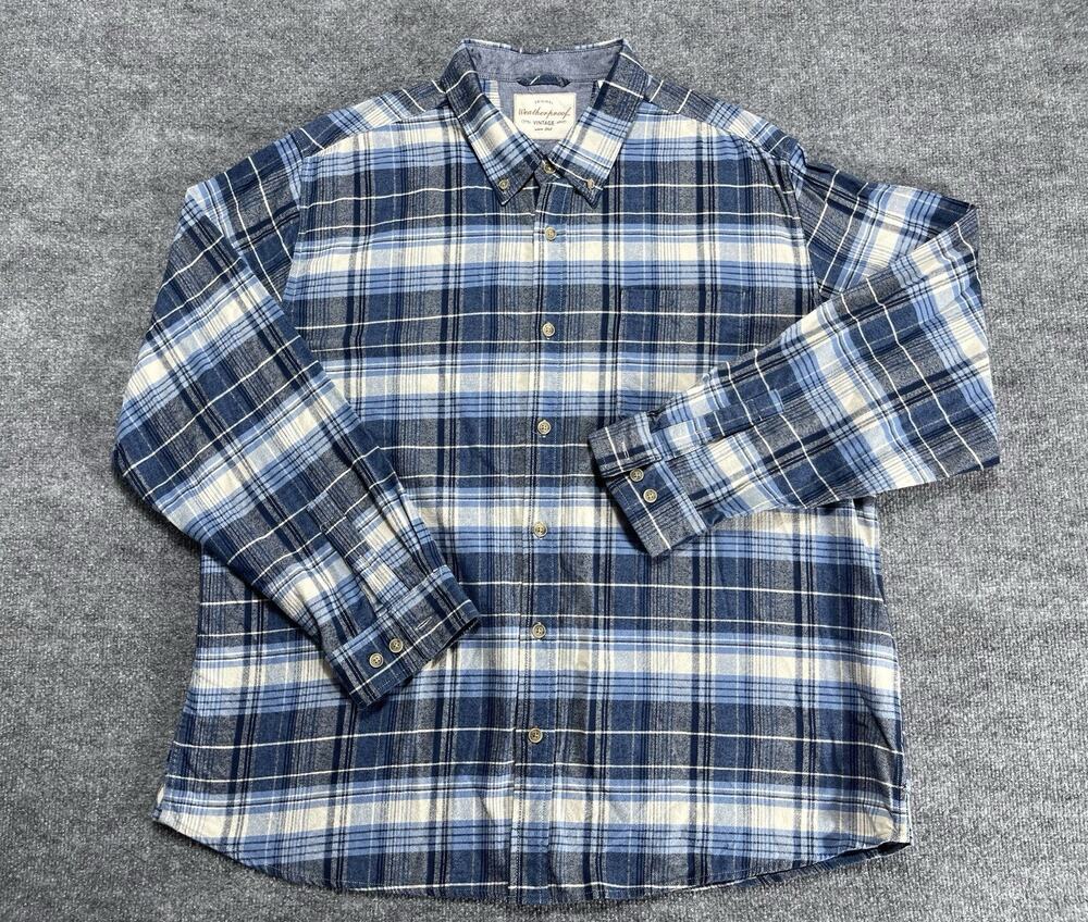Weatherproof Vintage Mens Button Down 3XL Plaid Blue White Long Sleeves Flannel